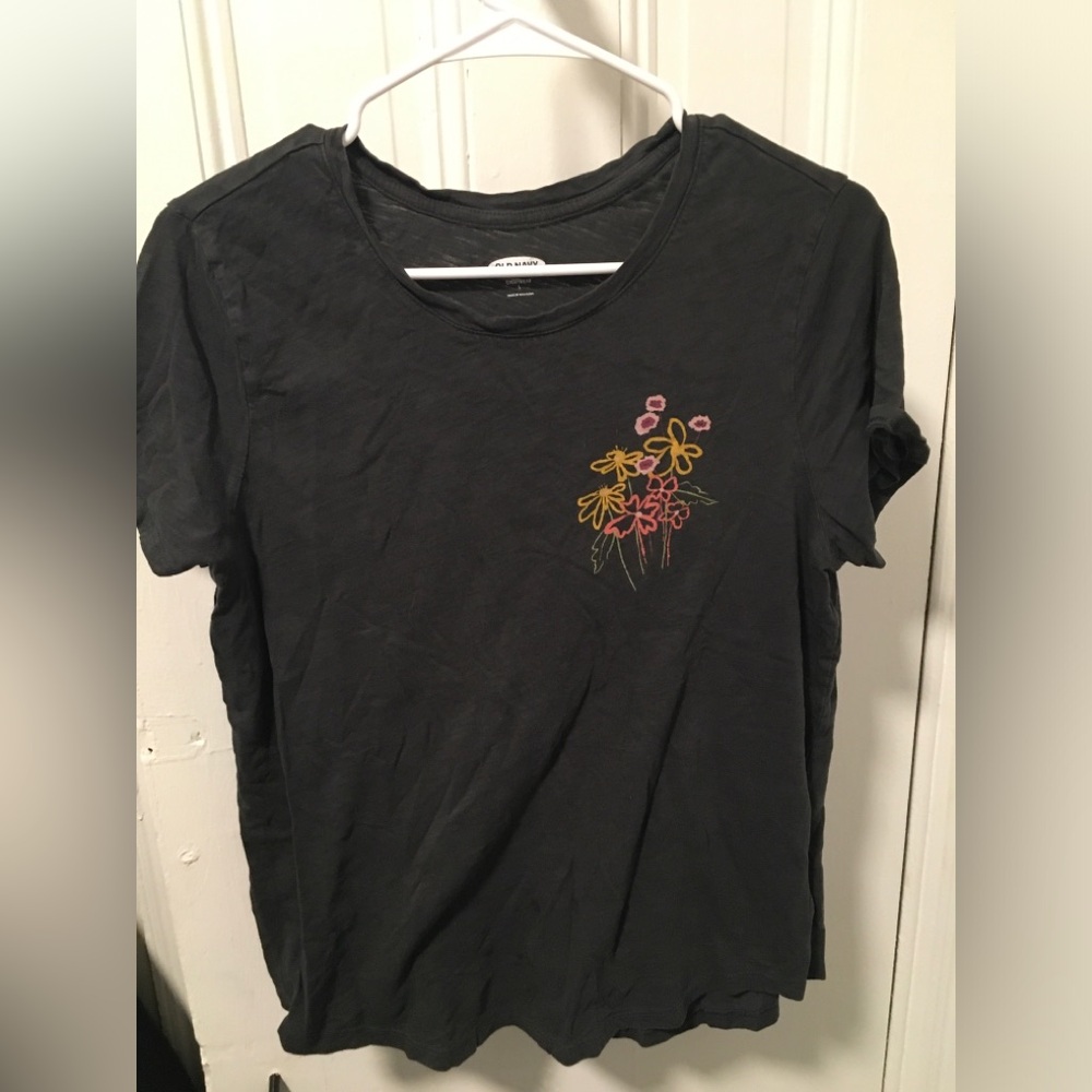 Old Navy Black Tee with Colorful Floral Design